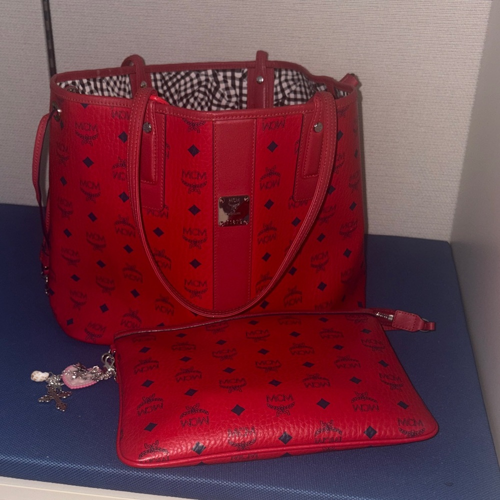 MCM Red Women's Tote Bag and Pouch Set